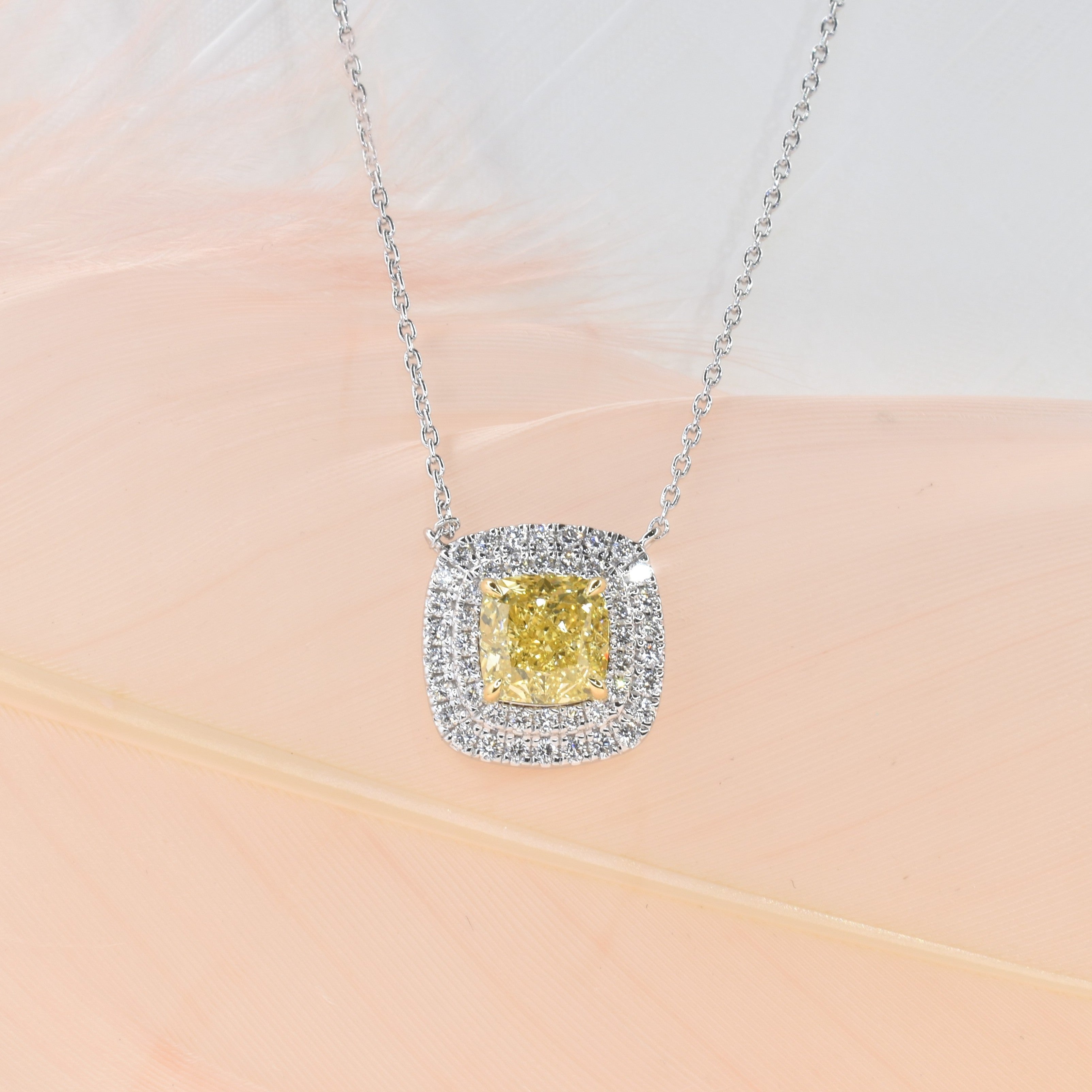 1.5ct Yellow Cushion Cut Pendant with Double Halo