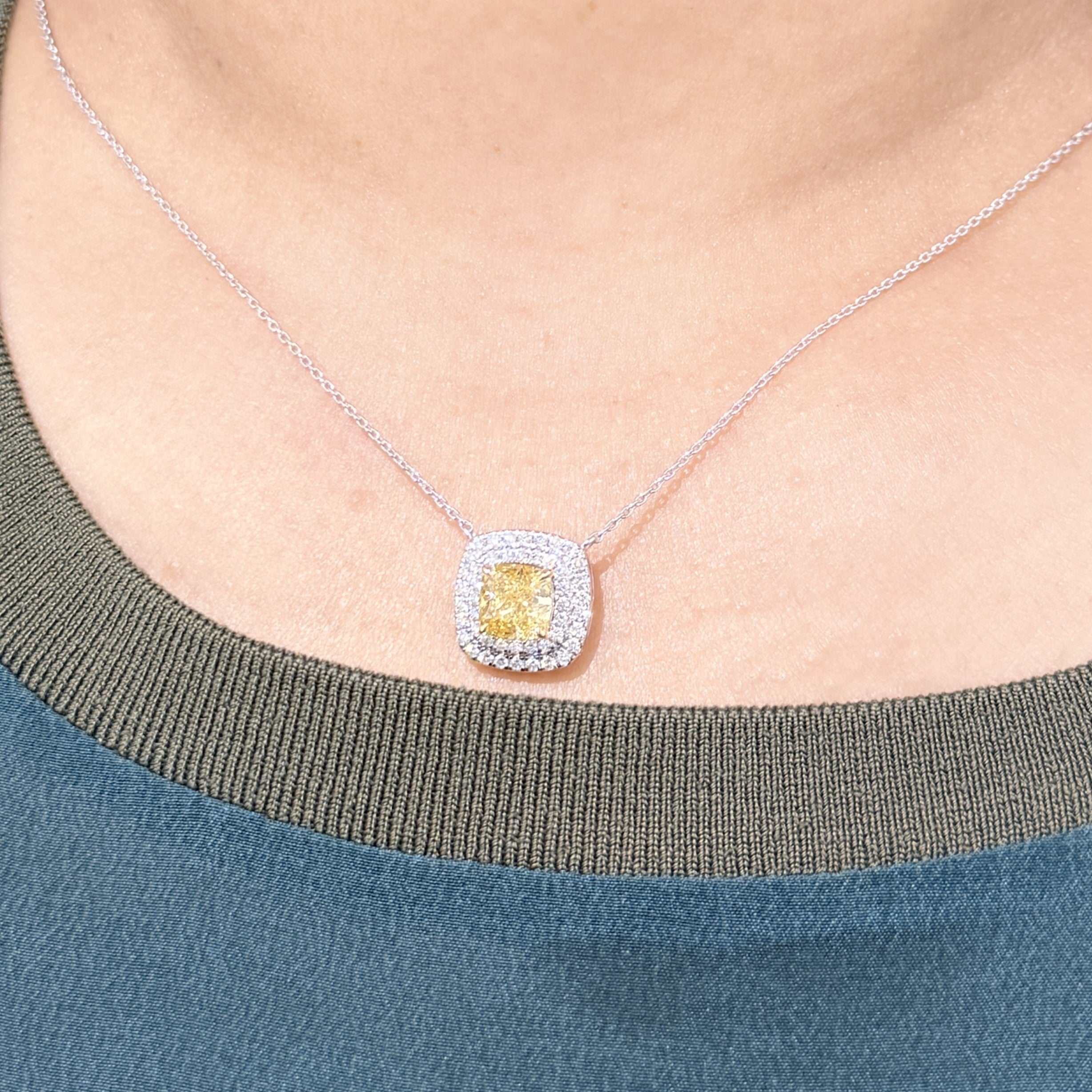 1.5ct Yellow Cushion Cut Pendant with Double Halo