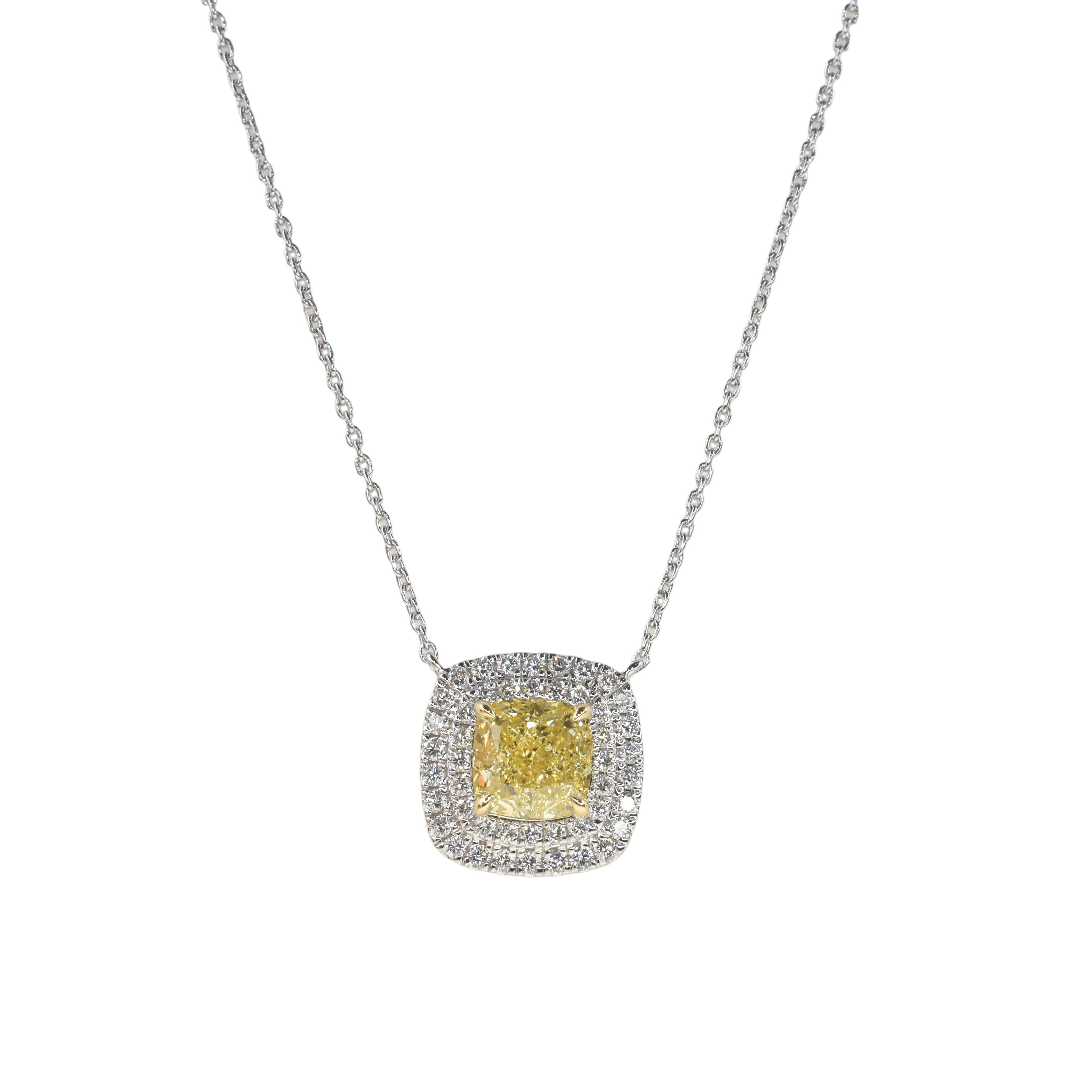 1.5ct Yellow Cushion Cut Pendant with Double Halo