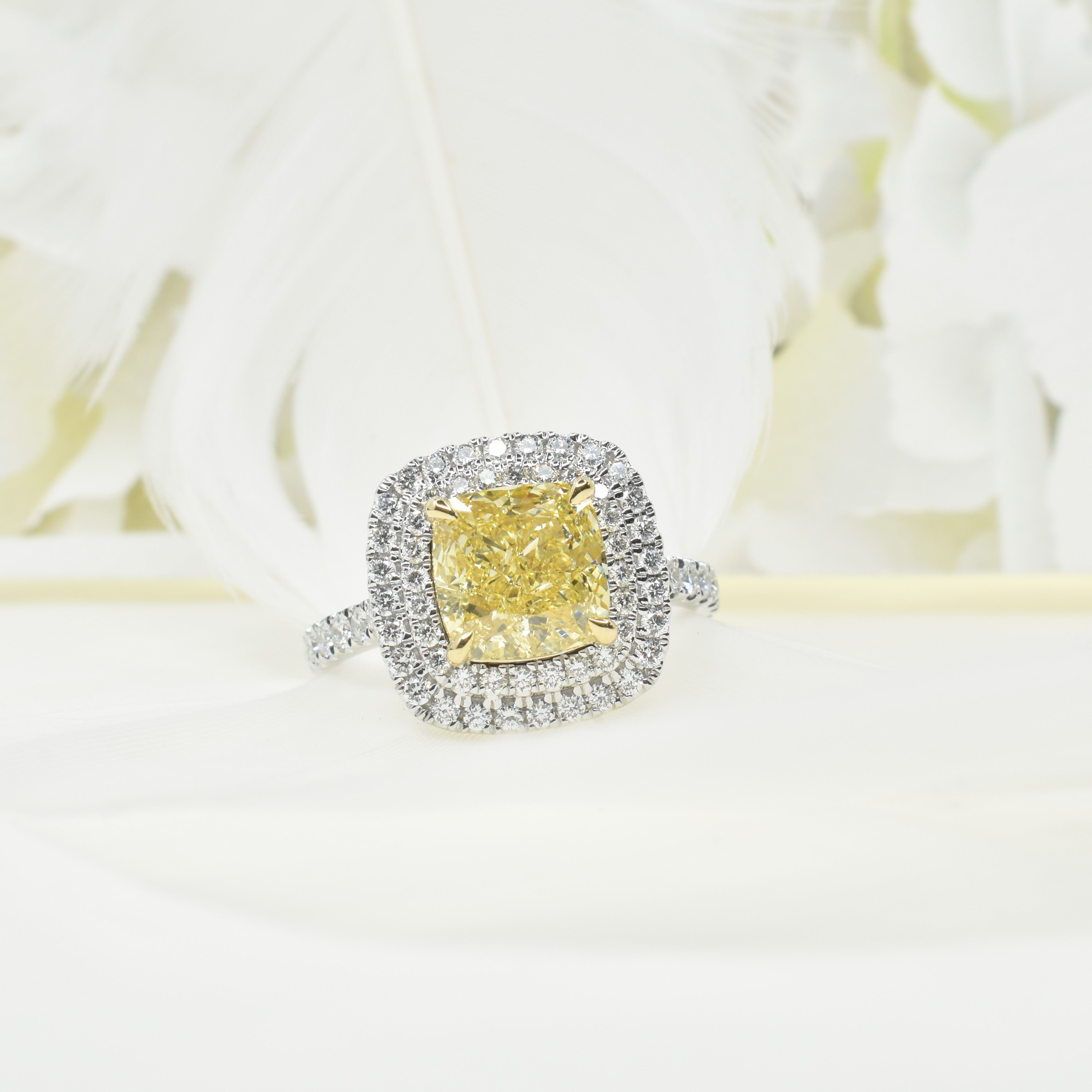 2ct Lab Grown Yellow Cushion Diamond Ring with Double Halo
