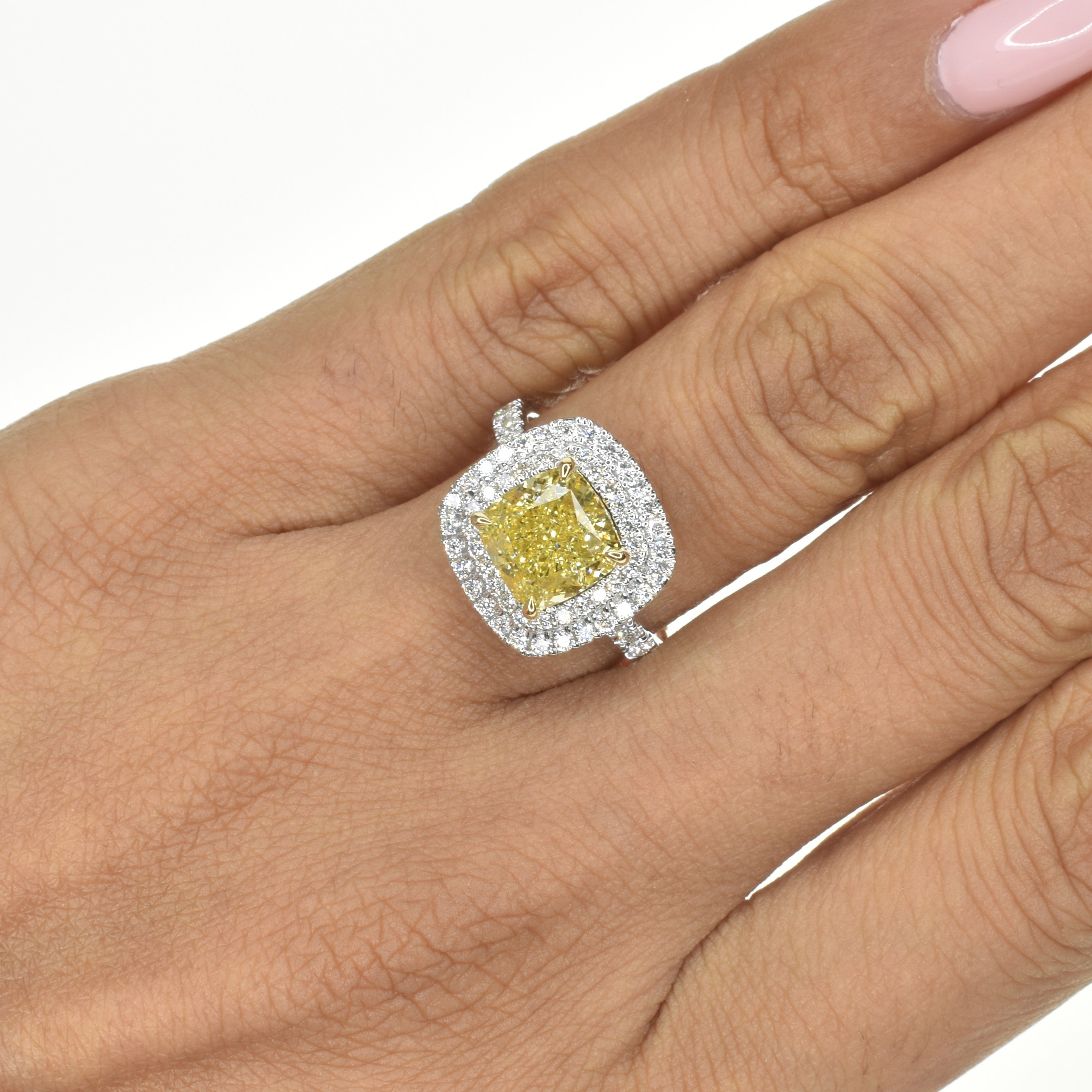 2ct Lab Grown Yellow Cushion Diamond Ring with Double Halo
