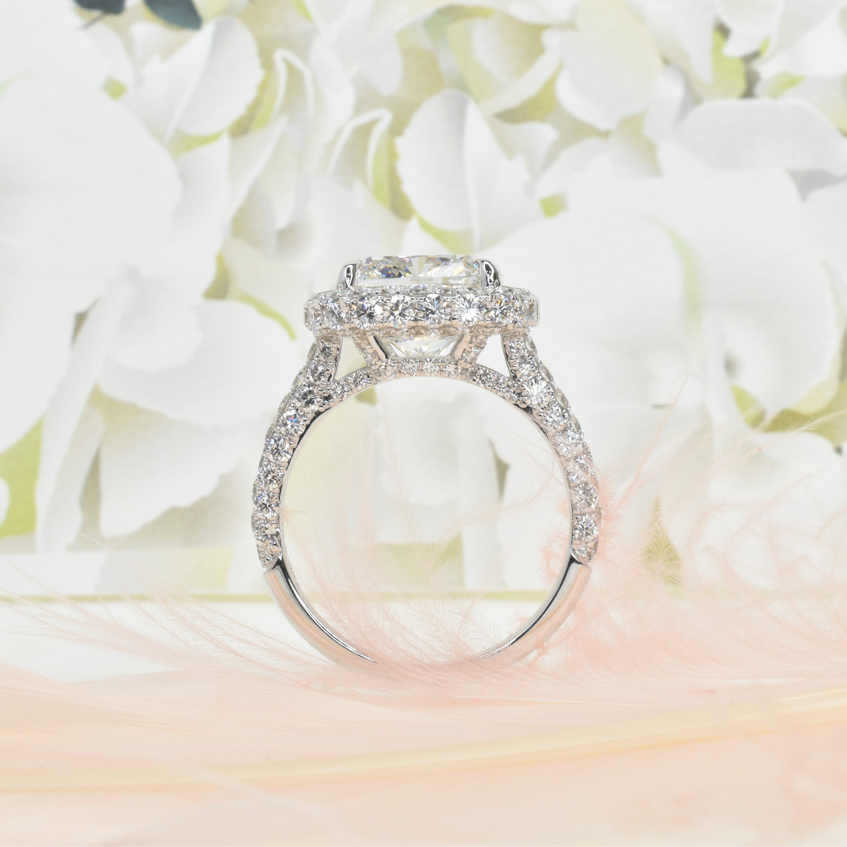 6ct Lab Grown Cushion Diamond Ring with Halo and Pave Setting