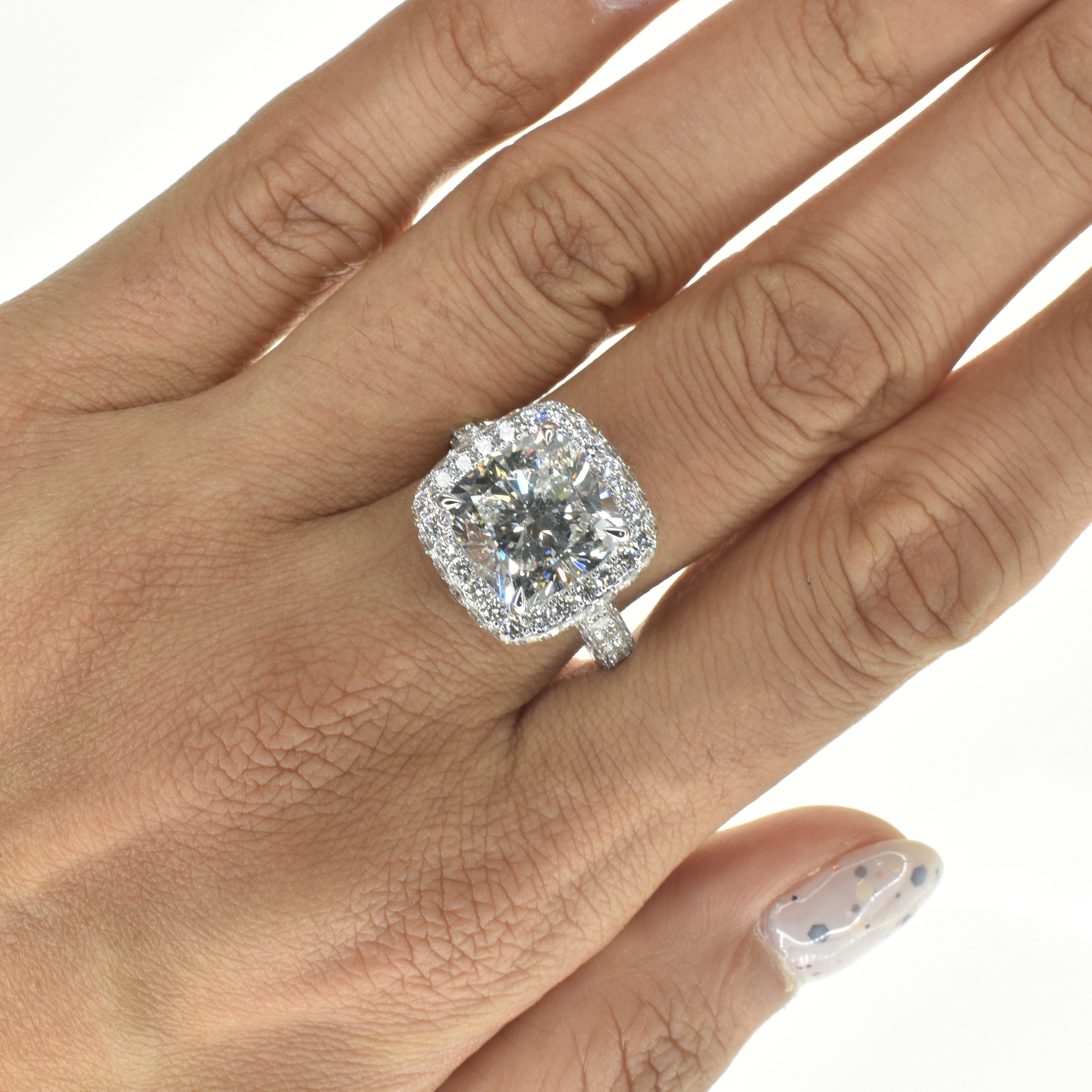 6ct Lab Grown Cushion Diamond Ring with Halo and Pave Setting