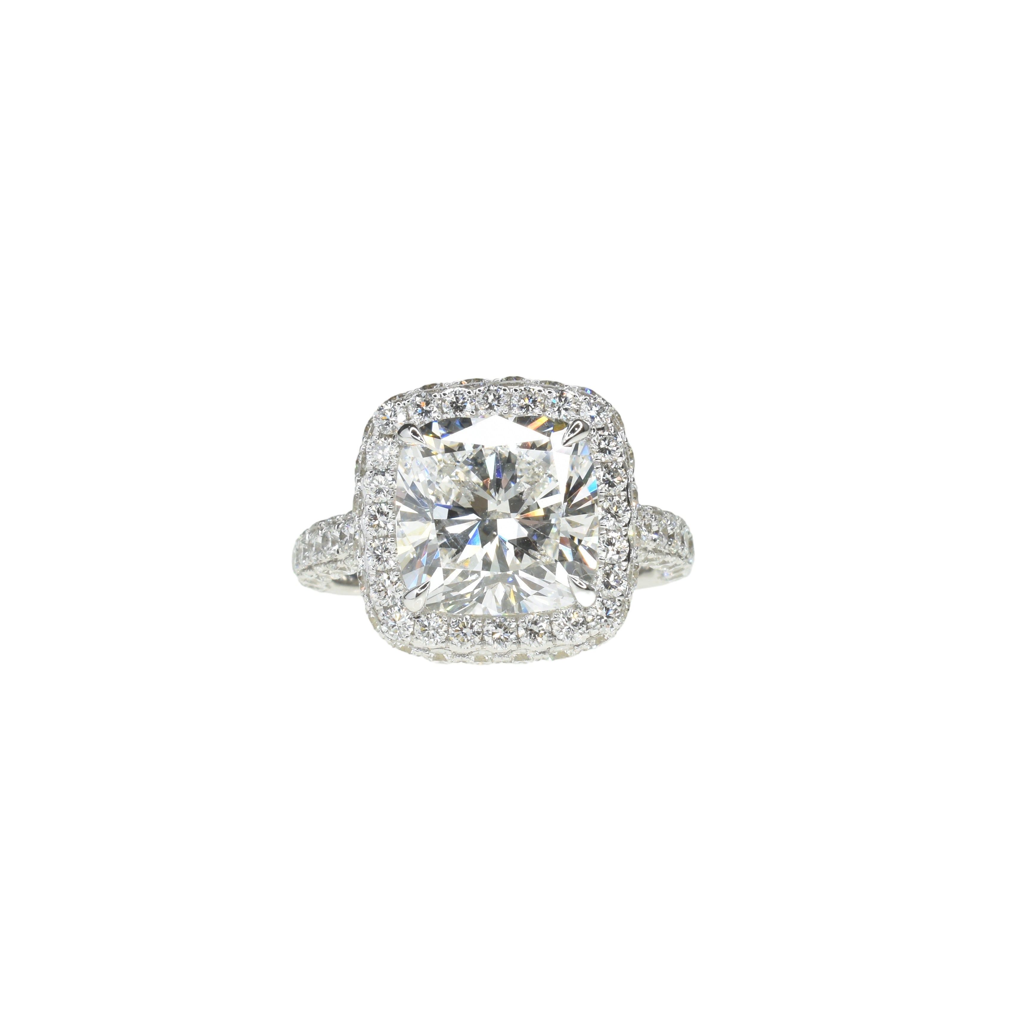 6ct Lab Grown Cushion Diamond Ring with Halo and Pave Setting