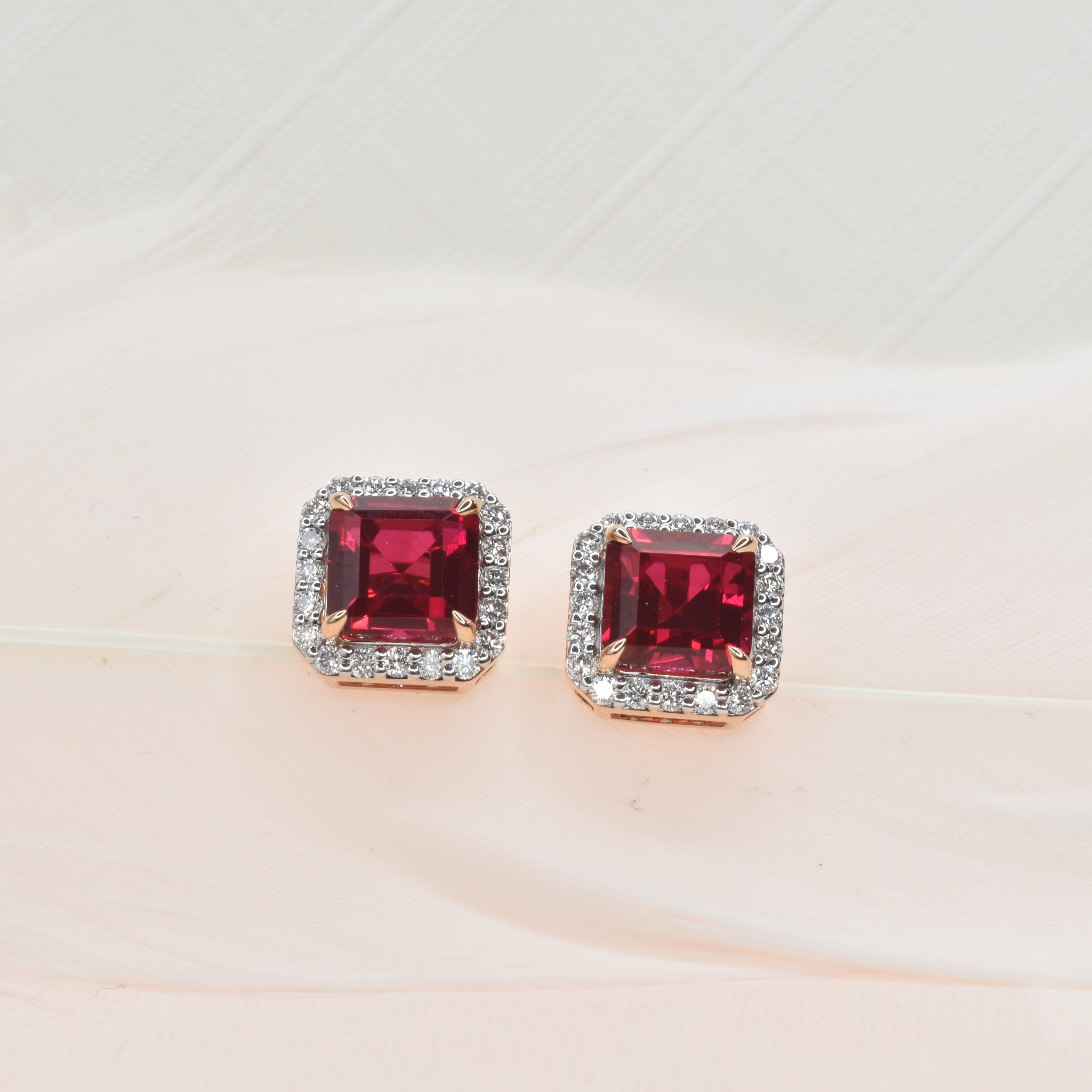 Lab Grown Ruby Earrings with Halo diamond Setting