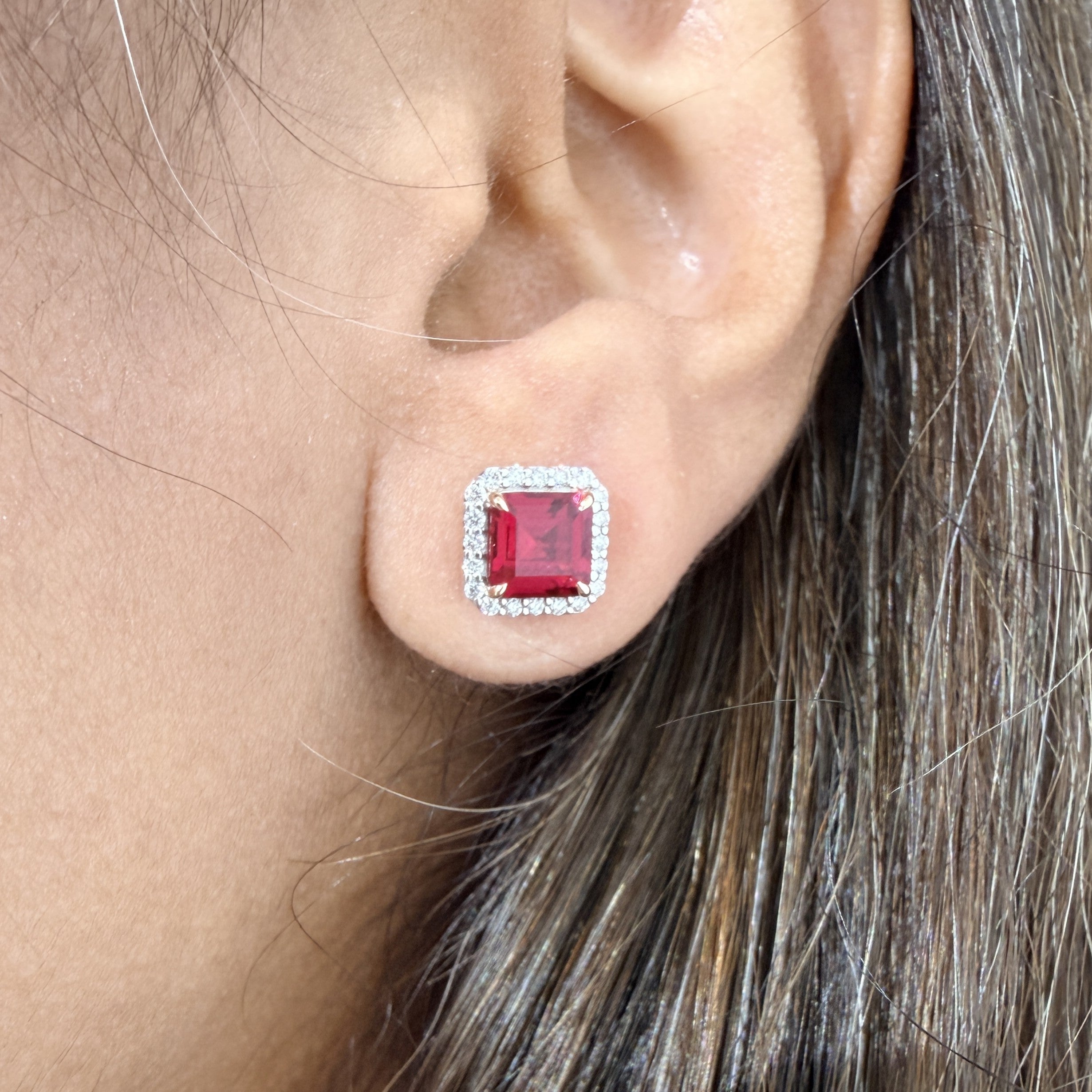 Lab Grown Ruby Earrings with Halo diamond Setting