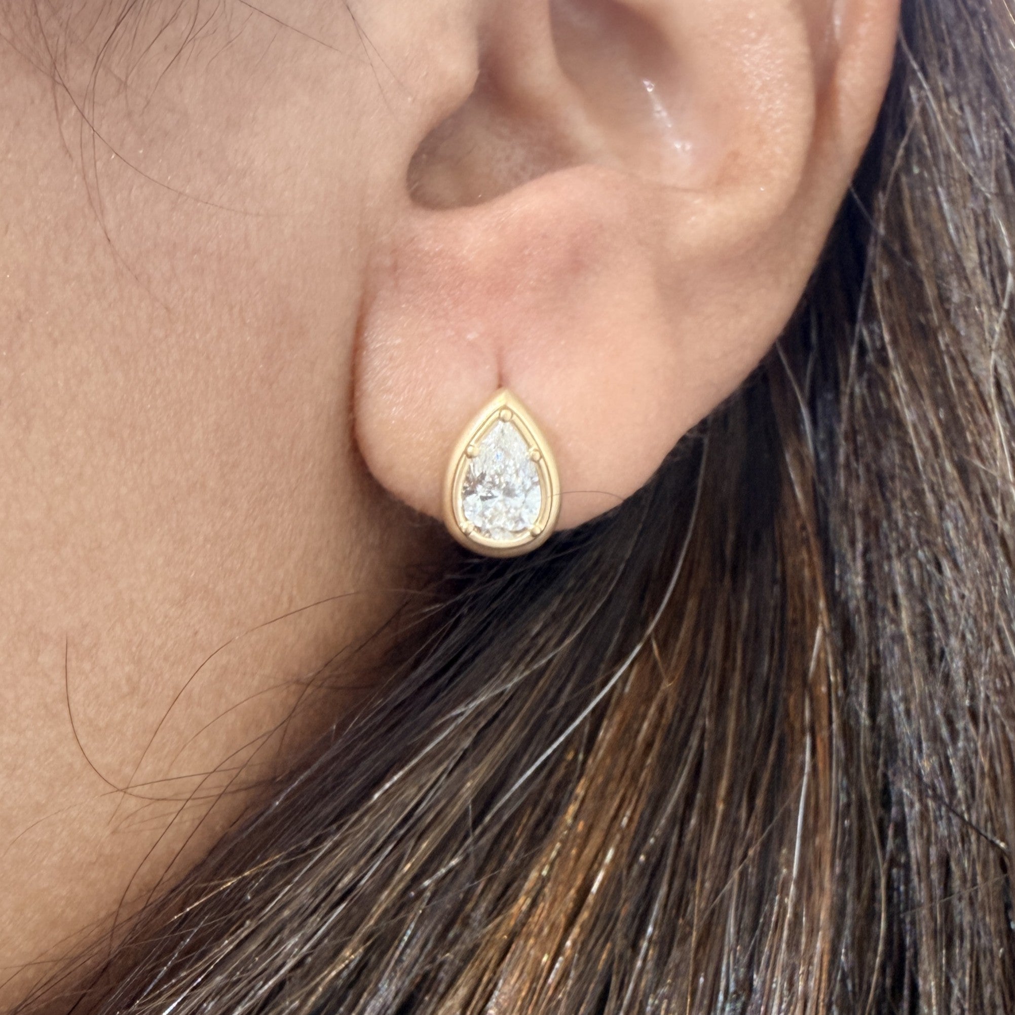 Lab Grown Pear Diamond Earrings with Thick Bezel