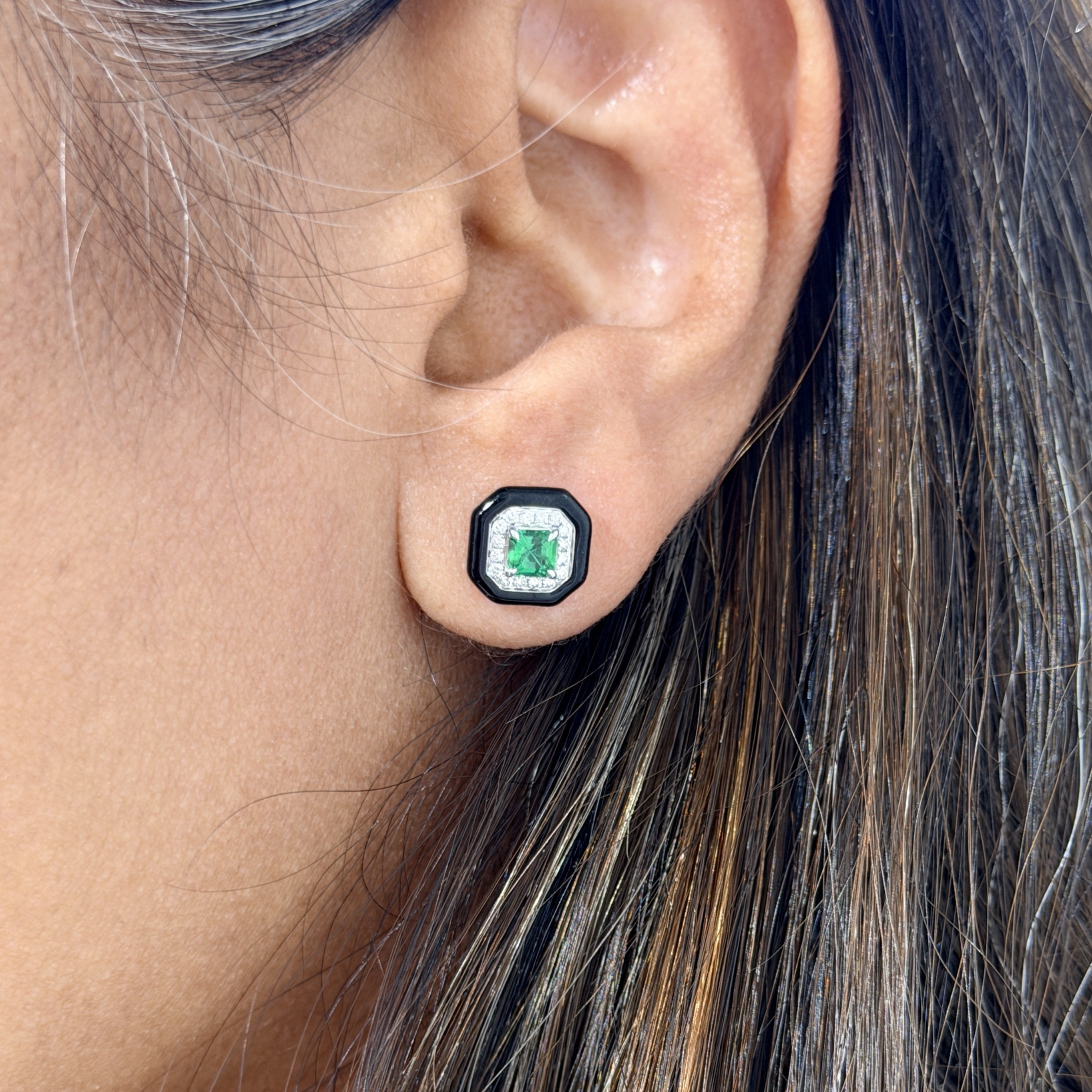 Square Emerald Earrings with a Black Enamel Edge