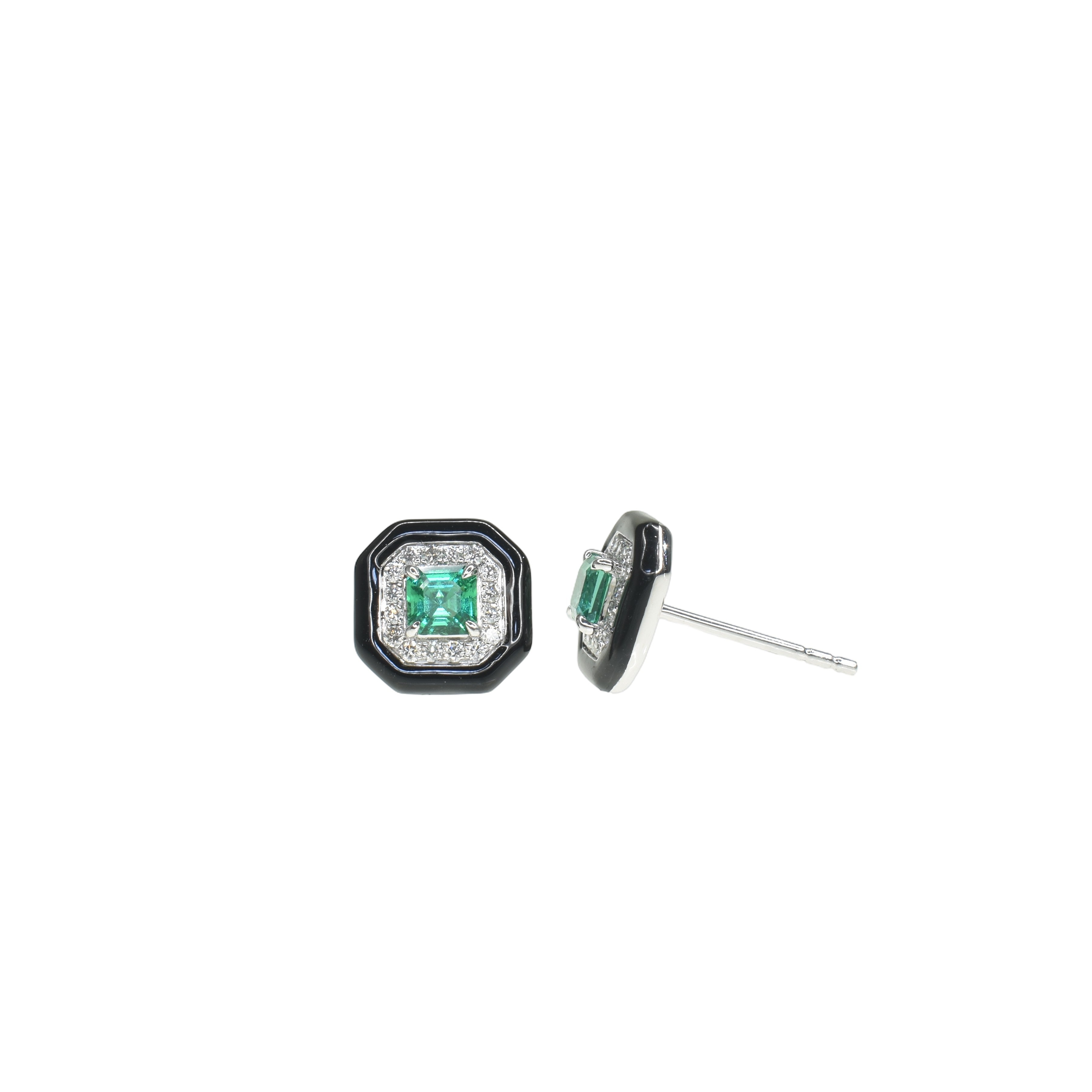 Square Emerald Earrings with a Black Enamel Edge