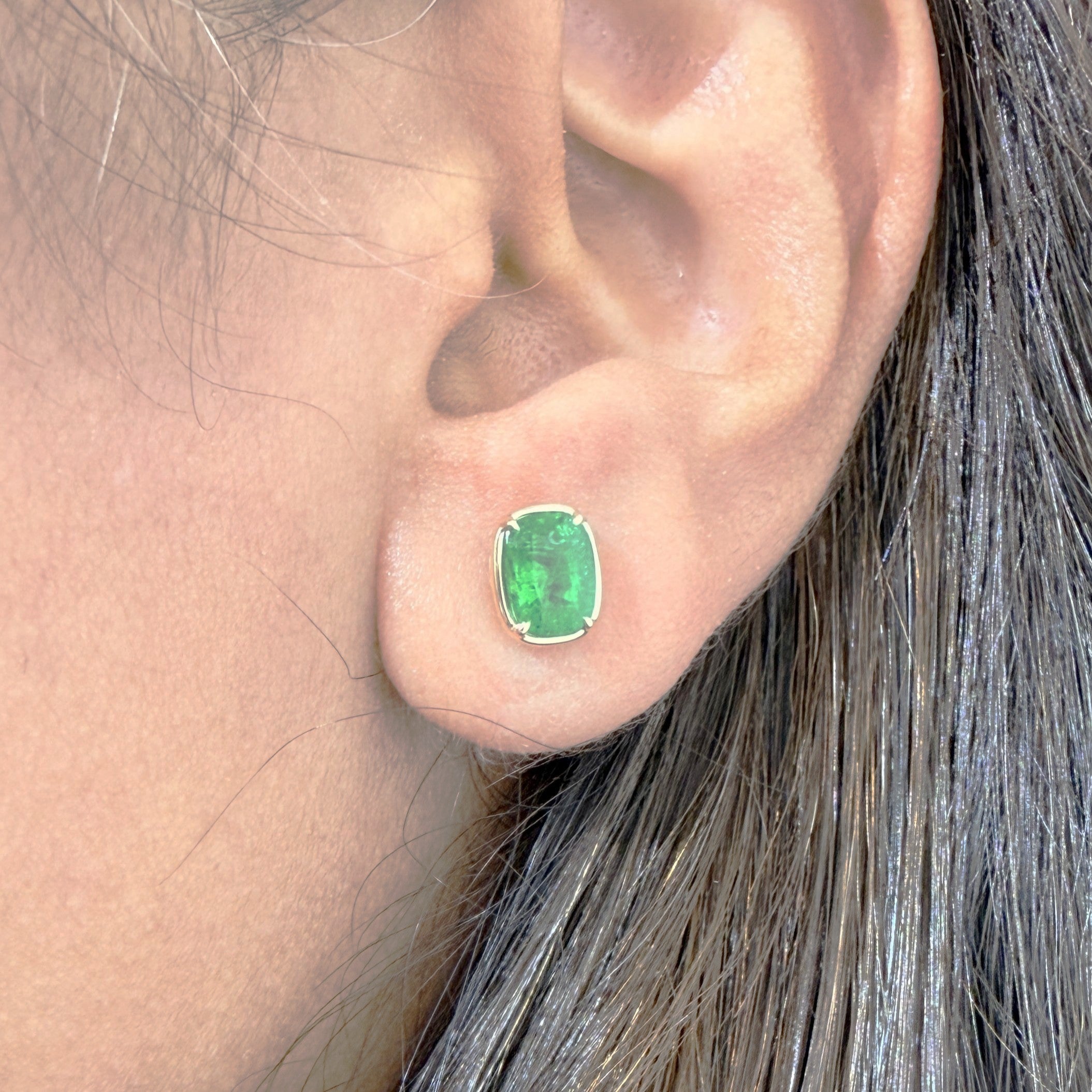 Cushion Cut Emerald Earrings in Bezel