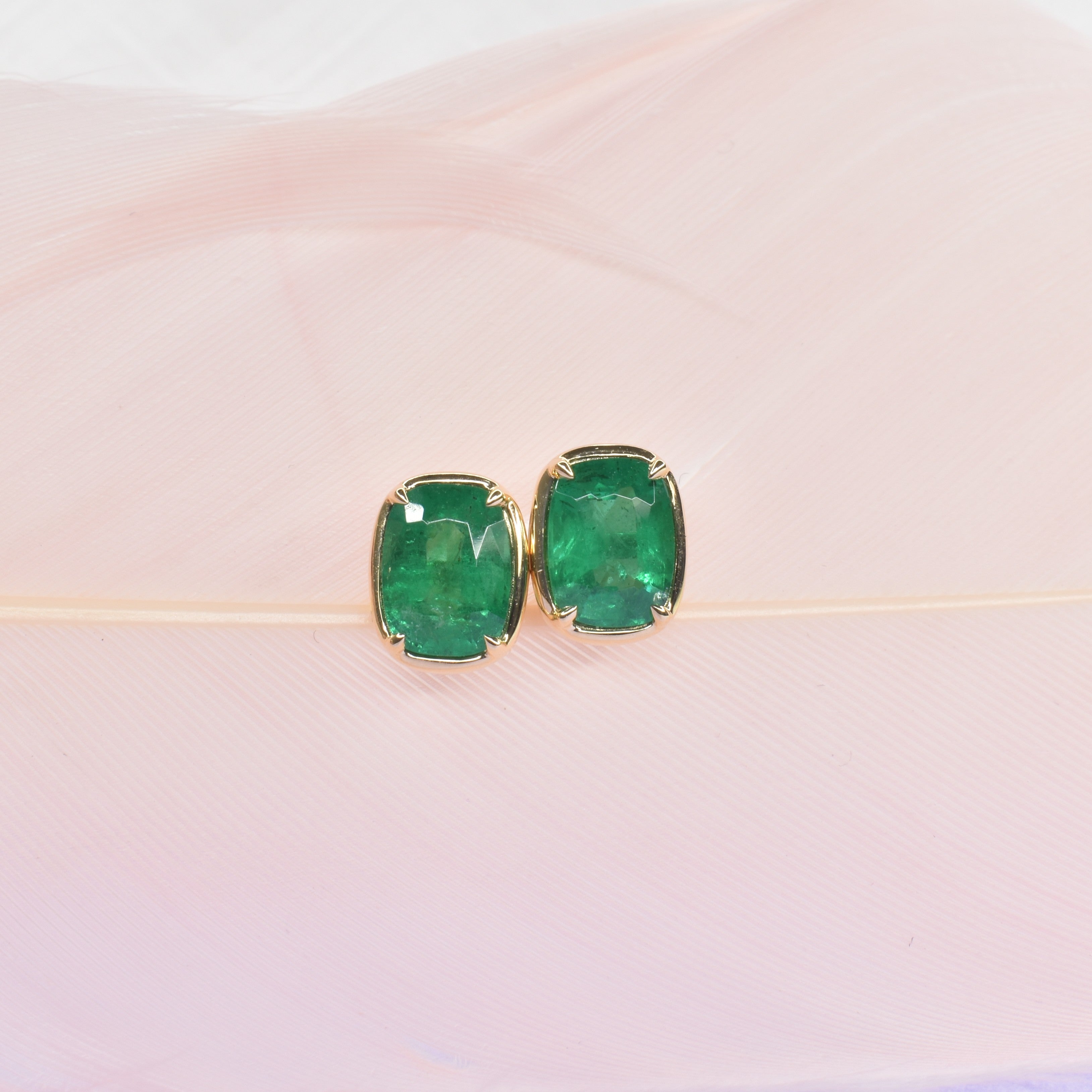 Cushion Cut Emerald Earrings in Bezel