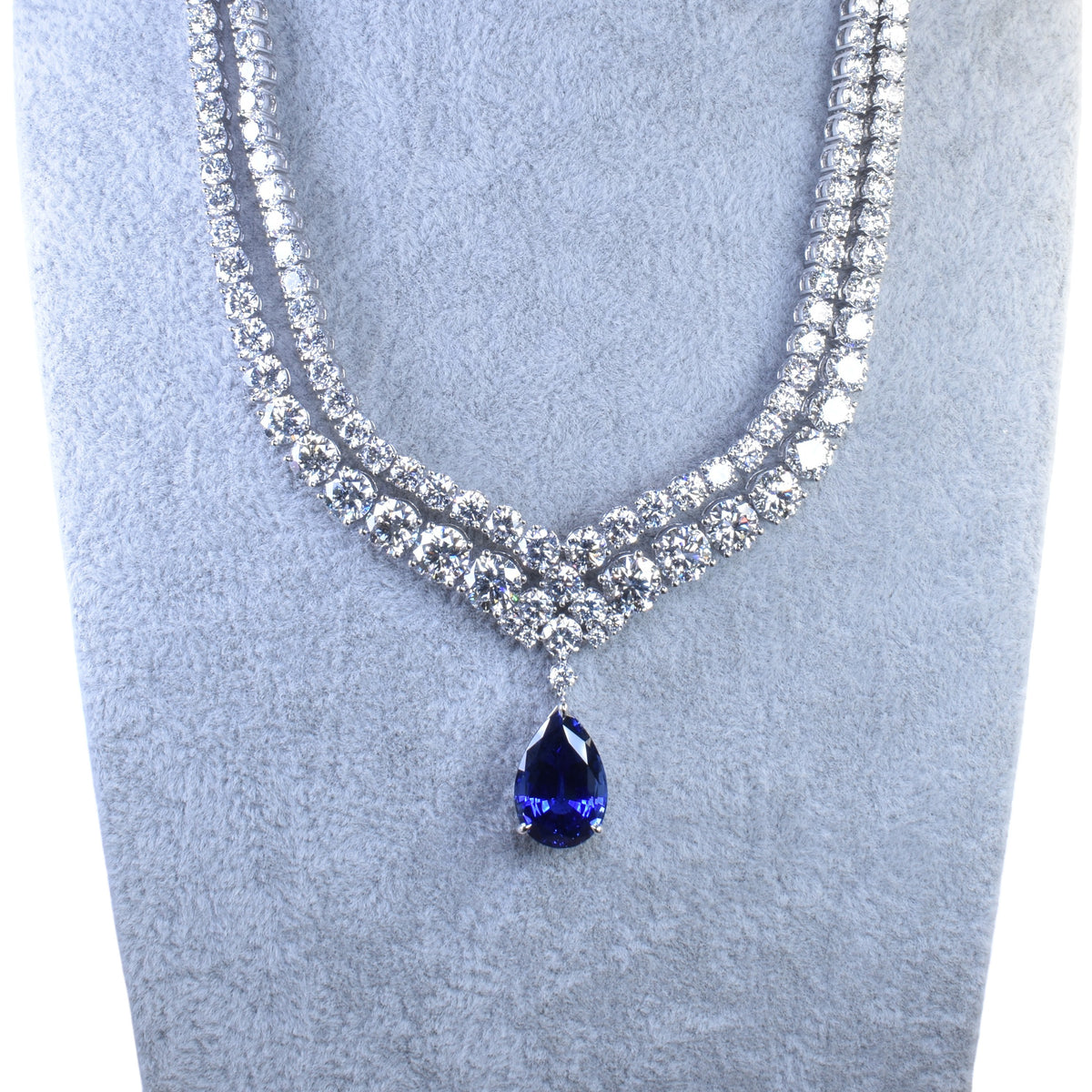 Lab Grown Blue Sapphire &  Double Line Diamond Necklace