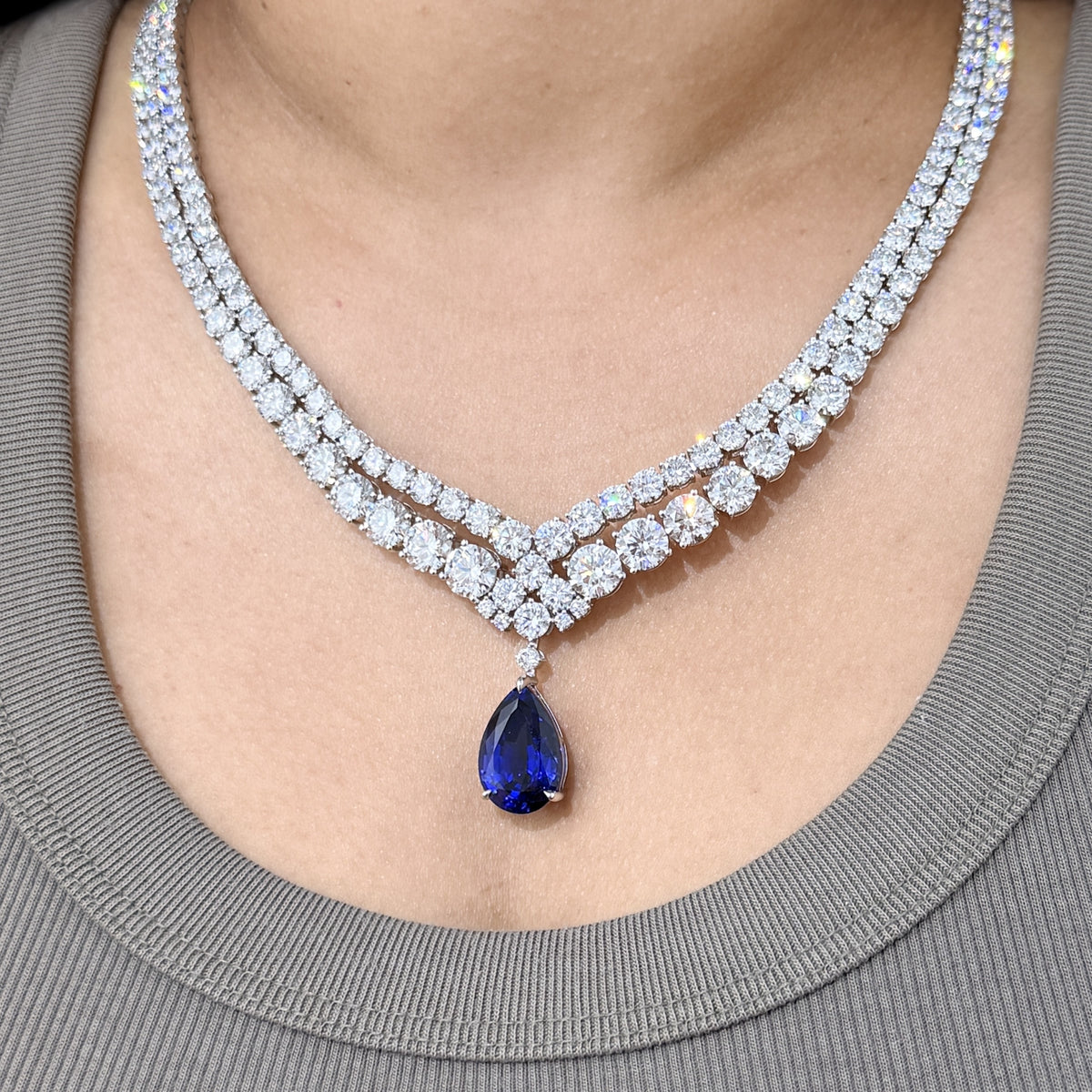 Lab Grown Blue Sapphire &  Double Line Diamond Necklace