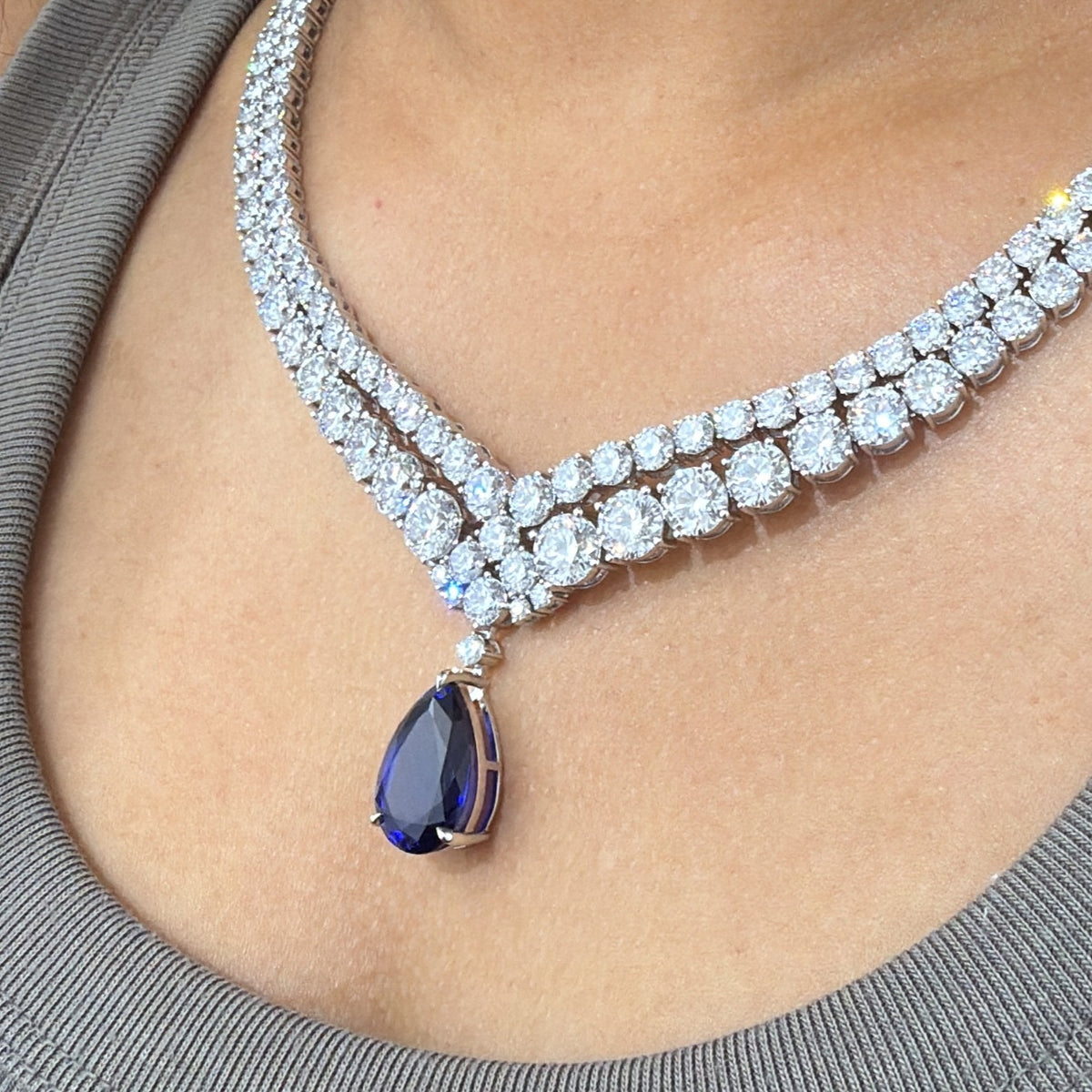 Lab Grown Blue Sapphire &  Double Line Diamond Necklace