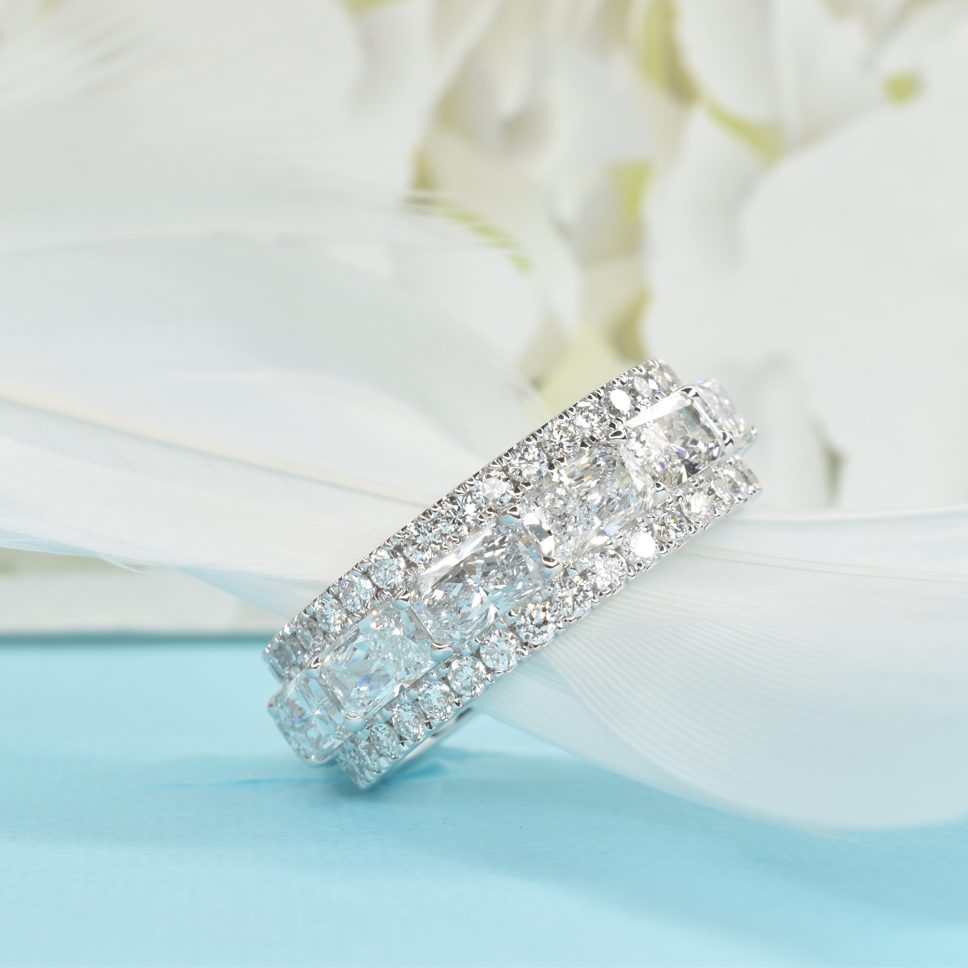 Lab Grown Radiant Cut Sideways 0.30ct Each with Round Side Diamonds Eternity Ring