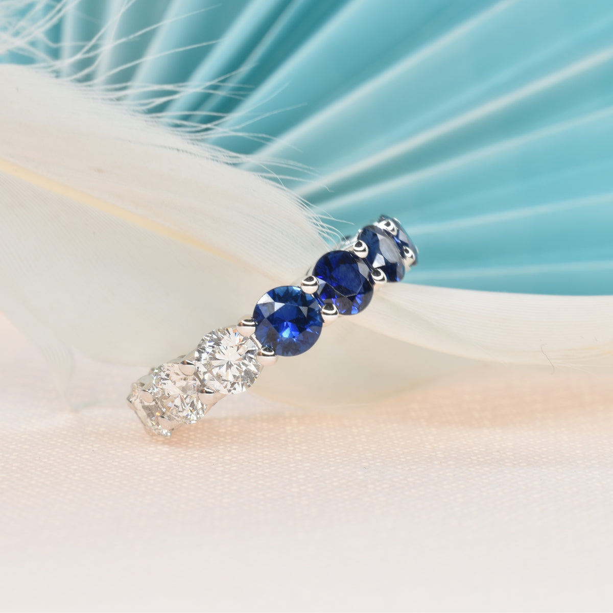 Half and Half Eternity band with Round Diamond and Sapphire