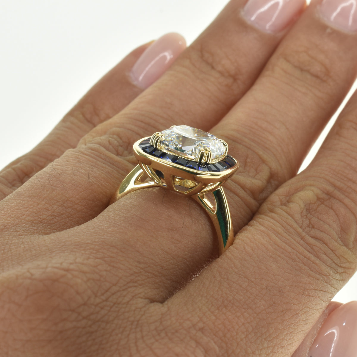 Old Mine Cushion Ring with Sapphire Halo