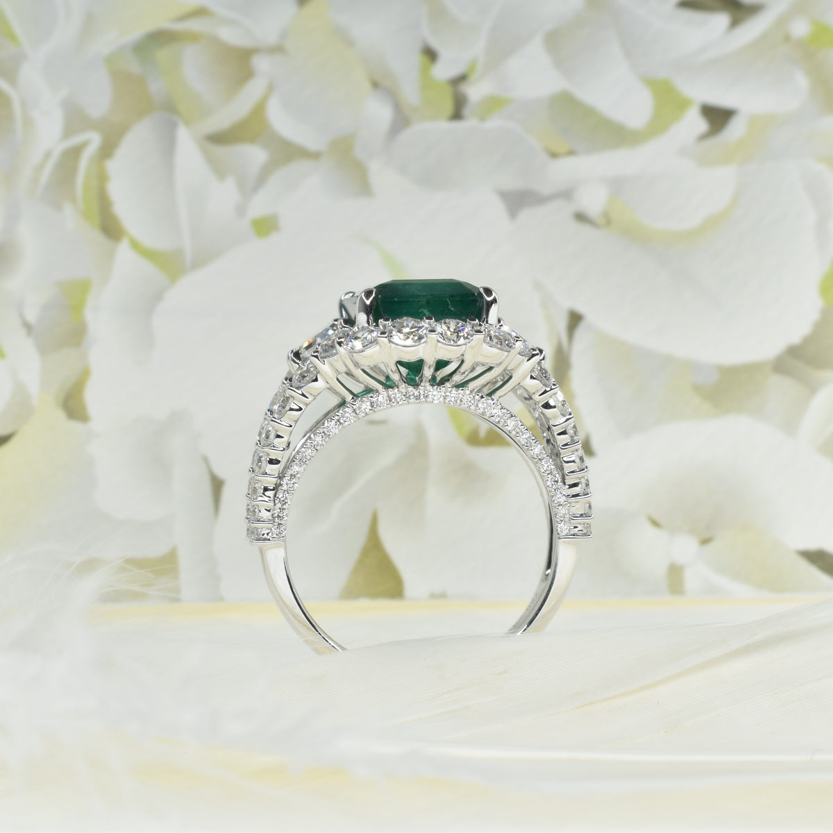 Long Emerald Dress Ring with Diamonds