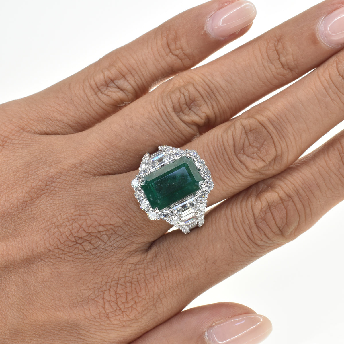 Long Emerald Dress Ring with Diamonds