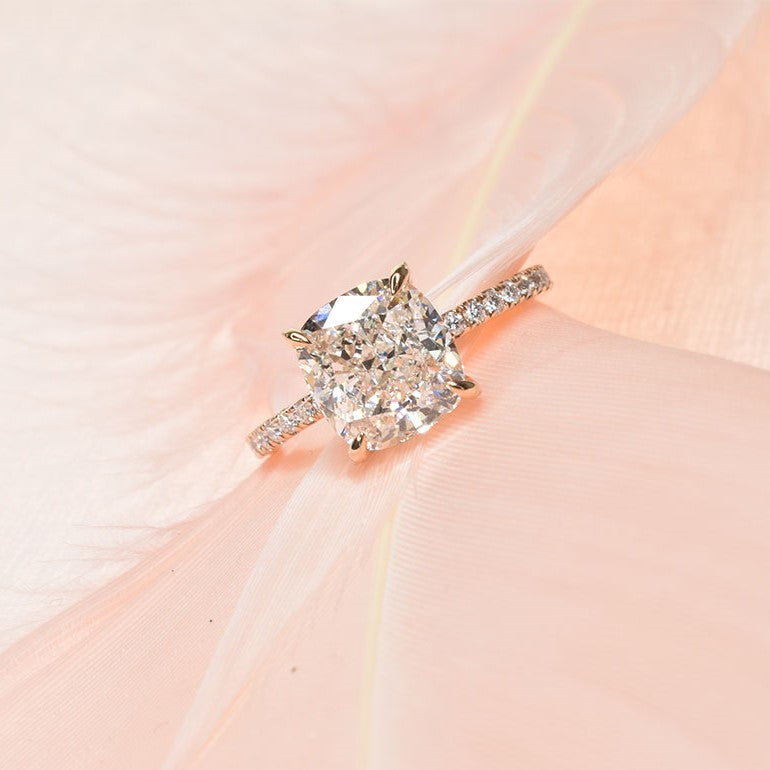 2.5ct Cushion Cut Lab Grown Engagement Ring with Pave Band and Underhalo