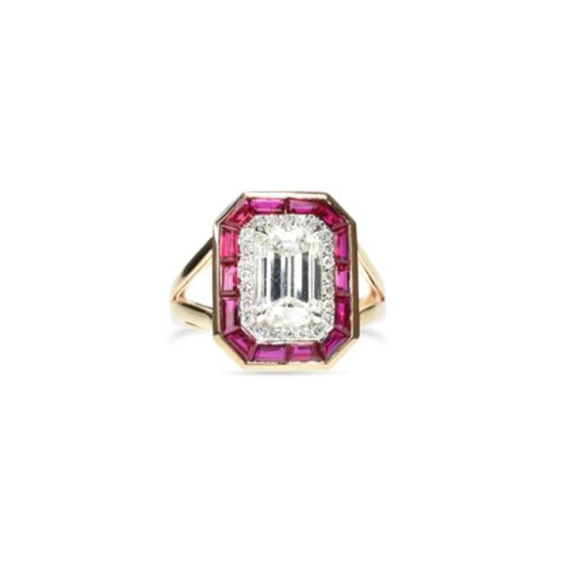 Emerald Cut Diamond with Rubies Ring