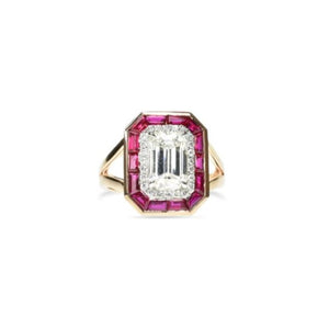 Emerald Cut Diamond with Rubies Ring