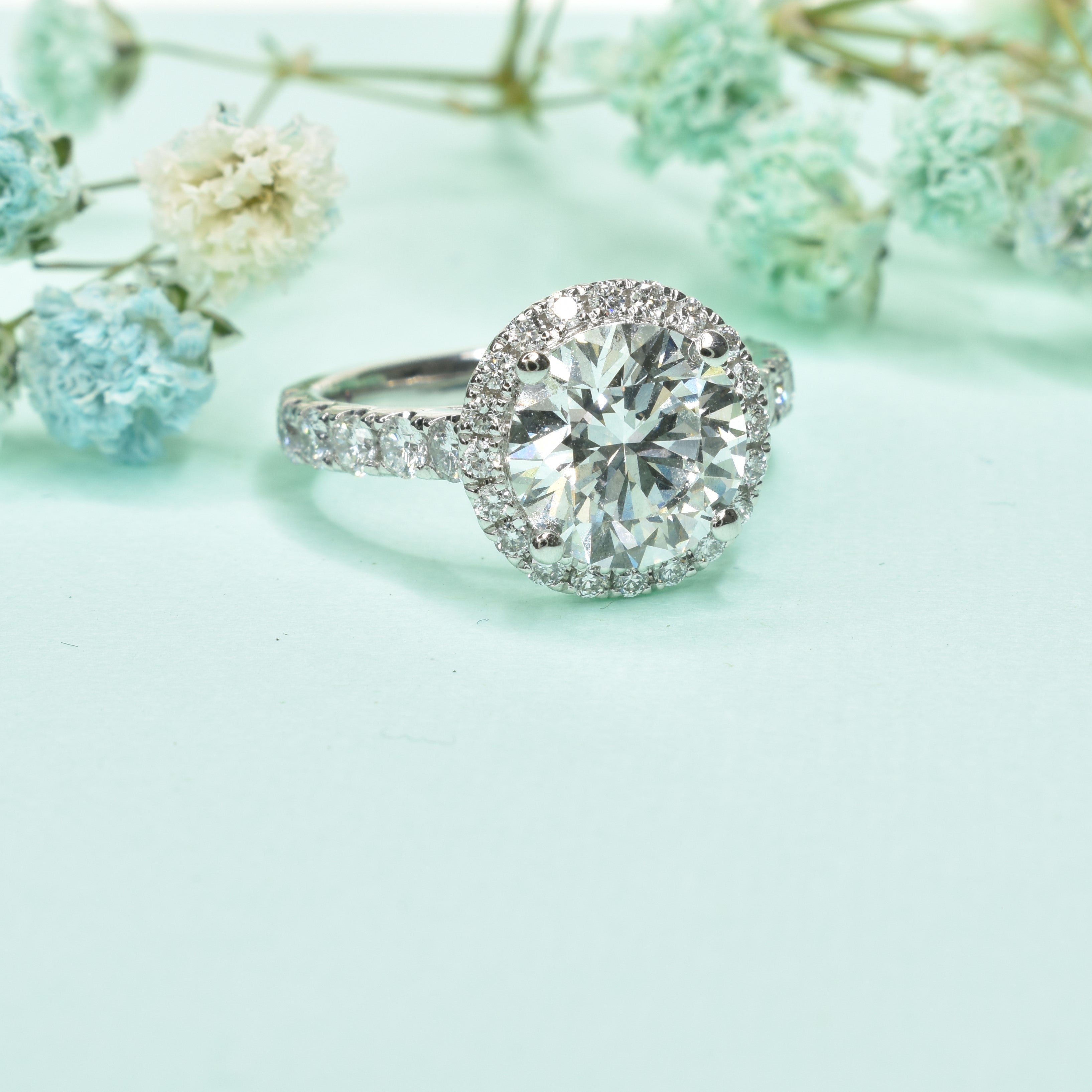 2ct Lab Grown Diamond Engagement Ring with Pave Halo and Band