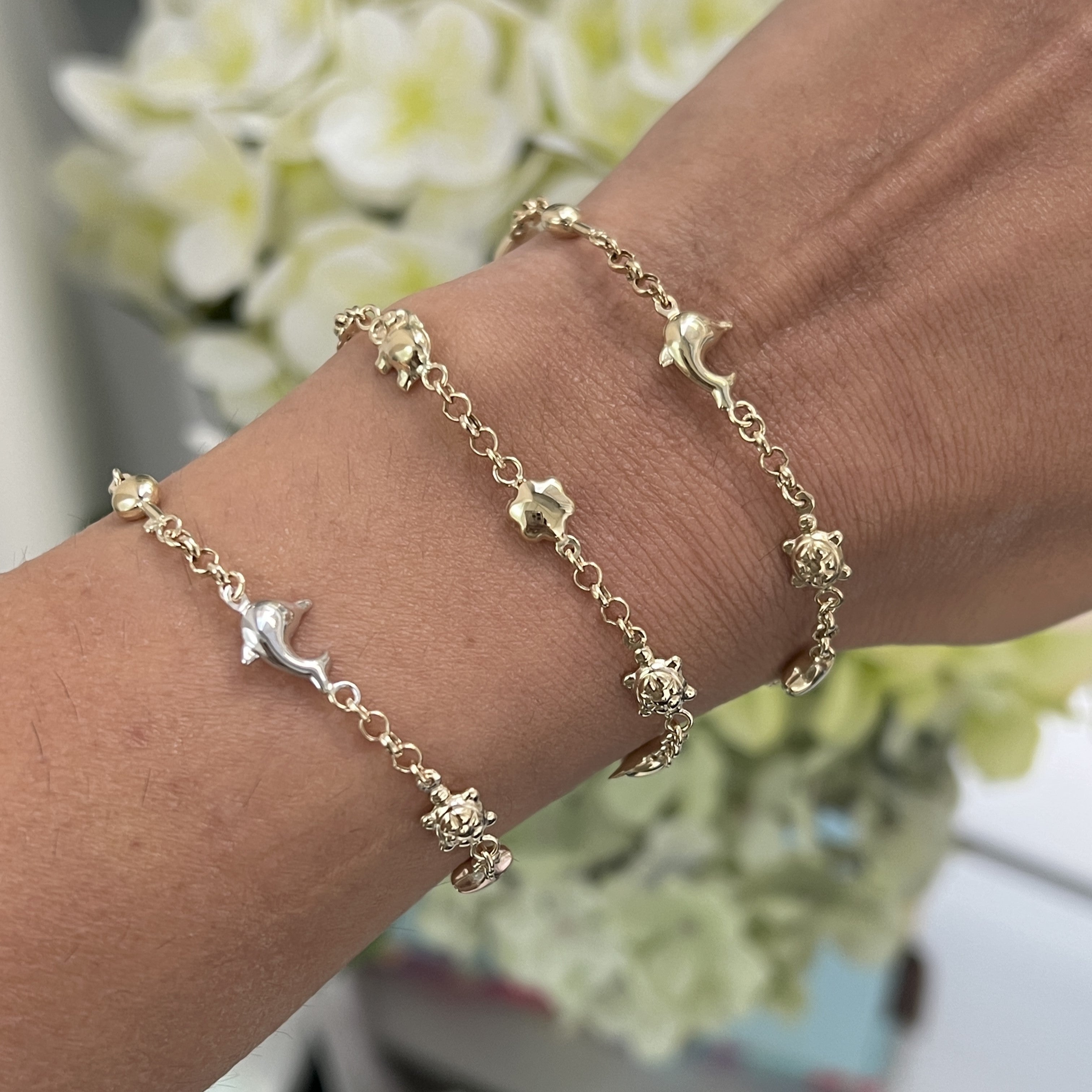 Chain Bracelet with Flower, Star, Turtle, Dolphin, Key, Heart and Elephant