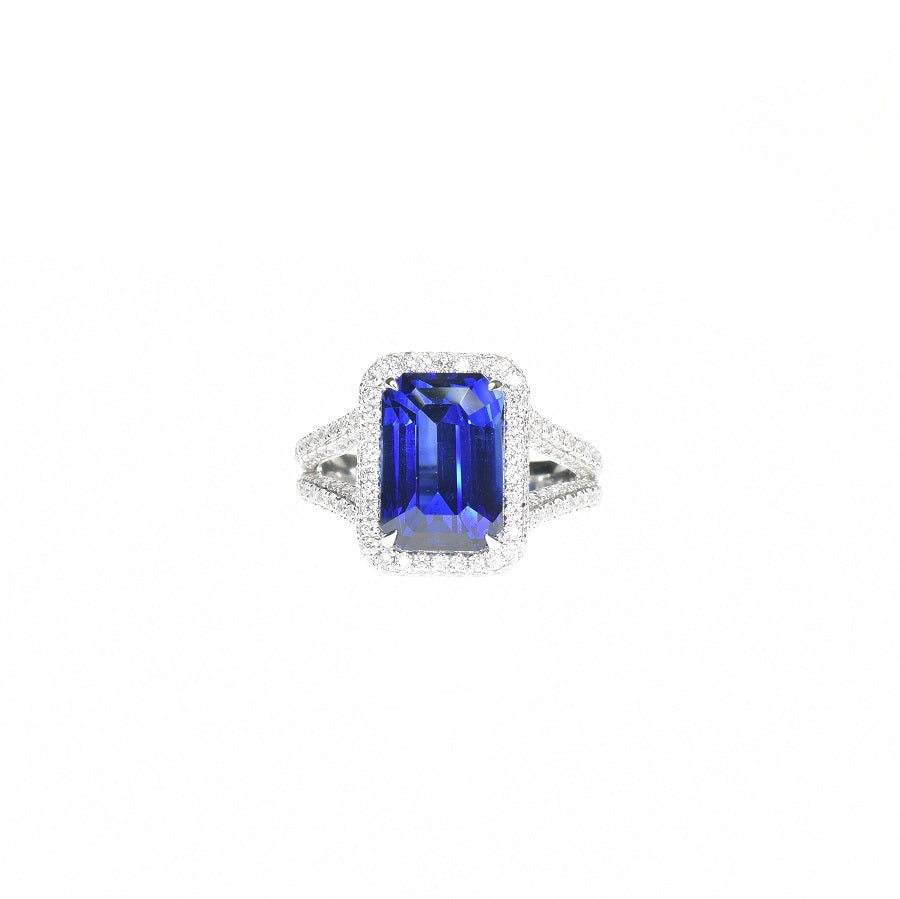 Cobalt Blue Sapphire Ring with Pave Set Diamonds