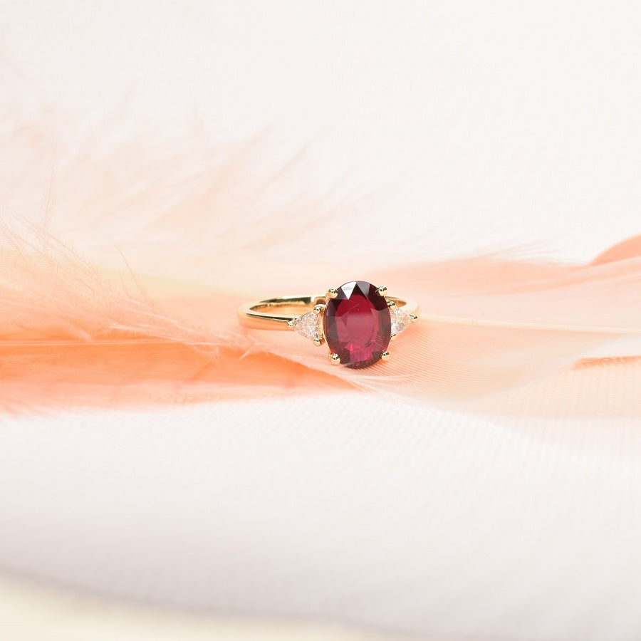 Oval Ruby Ring with Trillion Diamonds