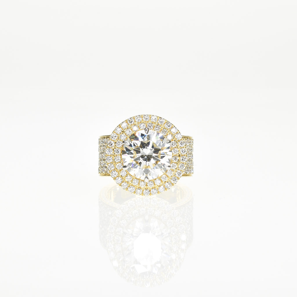 Round Diamond Double Halo Ring with a Pave Band