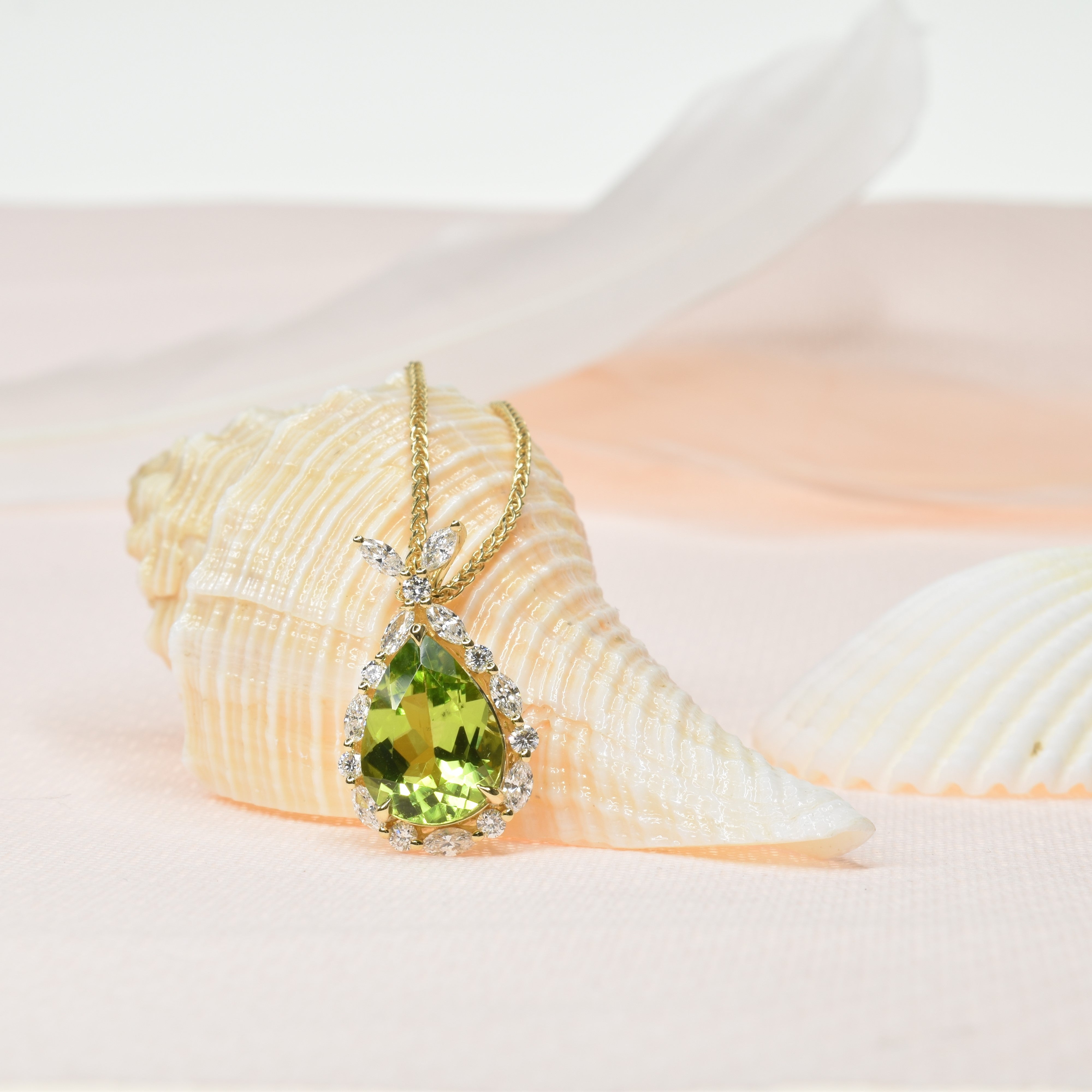 Peridot Pendant with a Marquise Diamond Halo