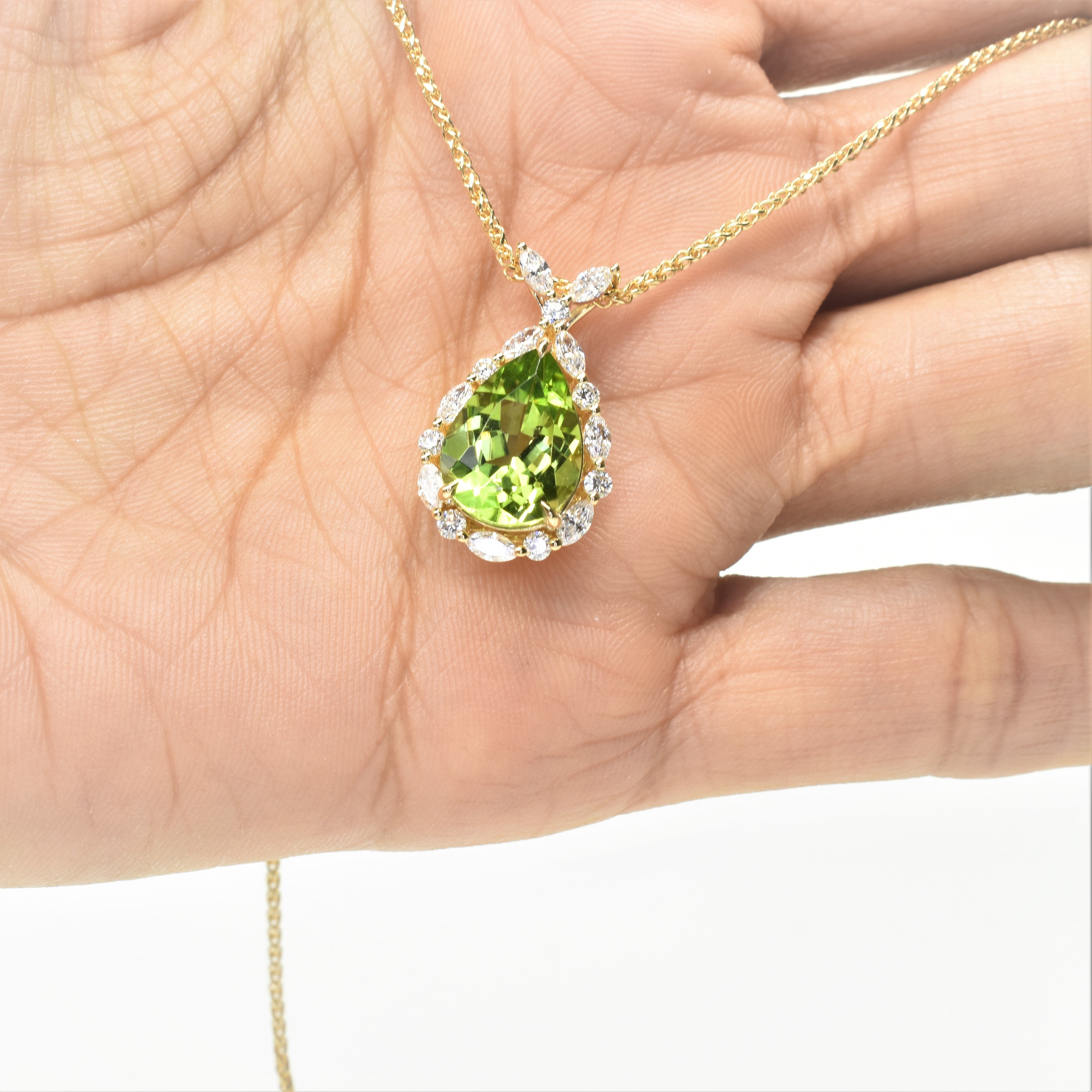 Peridot Pendant with a Marquise Diamond Halo