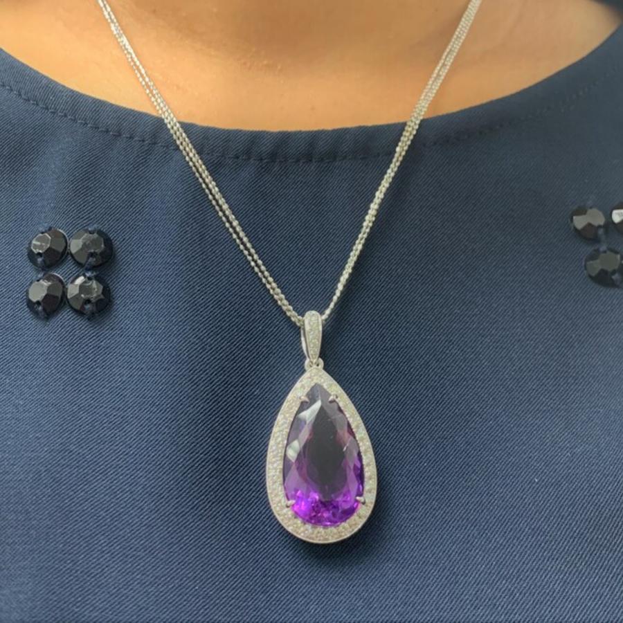 Pear Amethyst Pendant with Diamond Halo