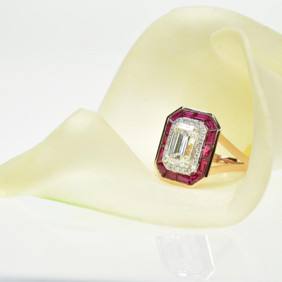 Emerald Cut Diamond with Rubies Ring