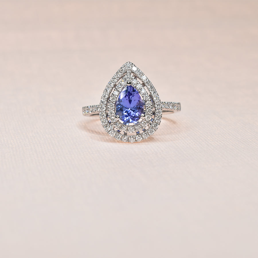 Pear Shaped Tanzanite Ring  with Double Halos